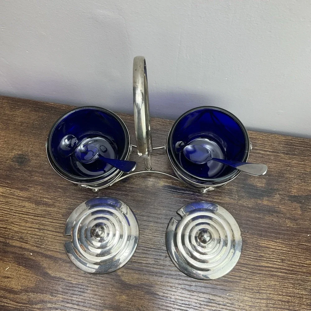 Vintage 1940s Art Deco Cobalt Blue Glass Silver Jam Jelly Condiment Set Caddy